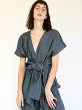 Load image into Gallery viewer, LINEN COTTON DENIM KIMONO TOP WITH BELT